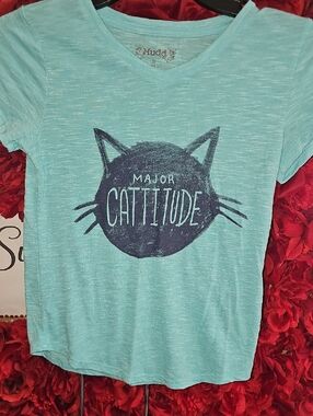Mudd Girls Teal Short-Sleeve Cat Graphic Tee with Navy Print Size 10